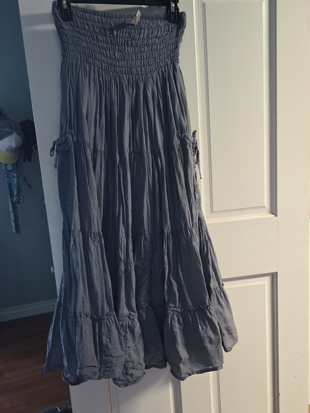 Boho Smocked Waist Maxi Skirt in Slate Blue